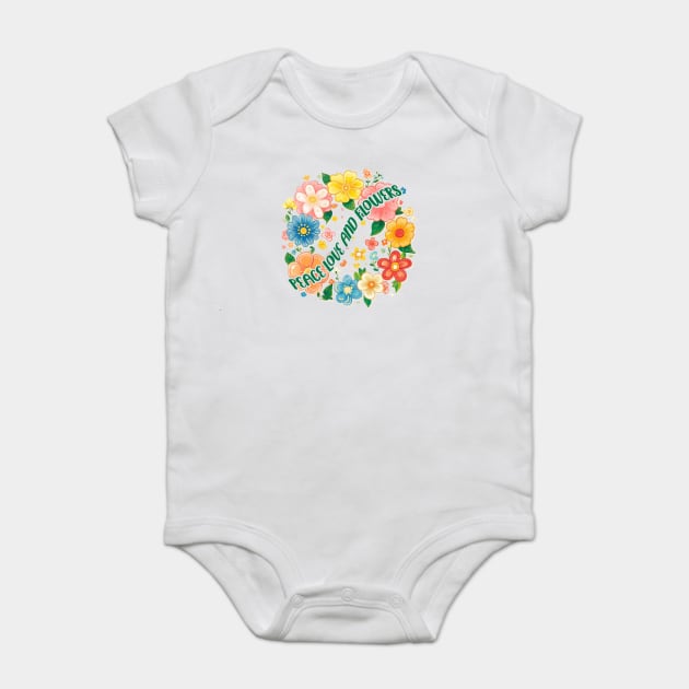 Peace Love and Flowers Colorful Baby Bodysuit by Vinokurio